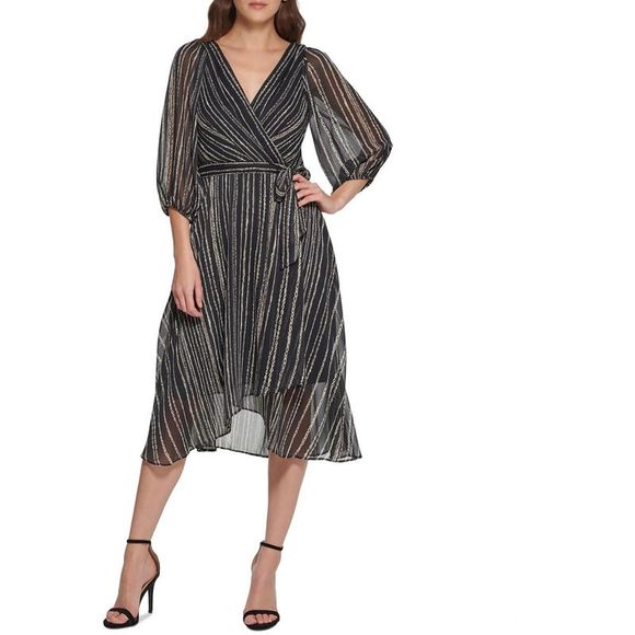 DKNY Dresses & Skirts - DKNY Womens Black-Ivory Chiffon Printed Work Fit & Flare Dress Imperfections